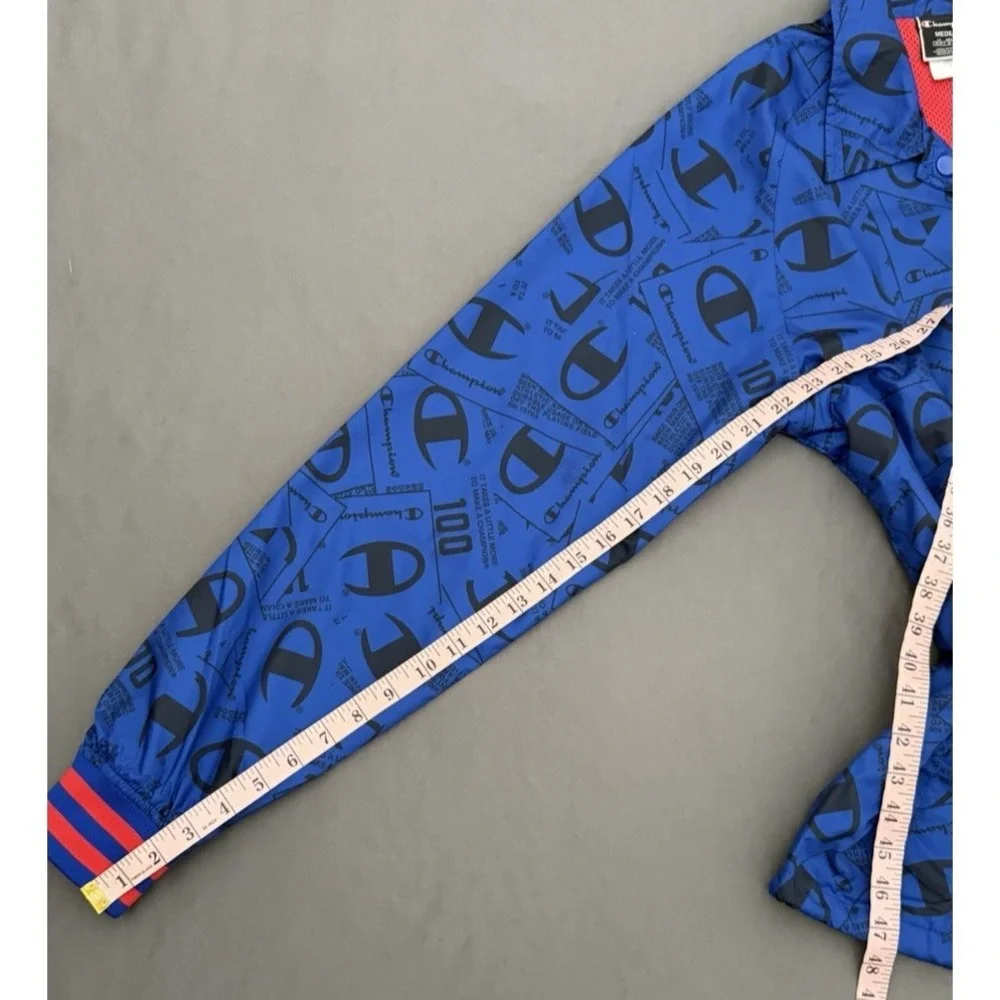 Vintage Champion Jacket Mens Medium Blue Long Sleeve Snap Logo All Over Print